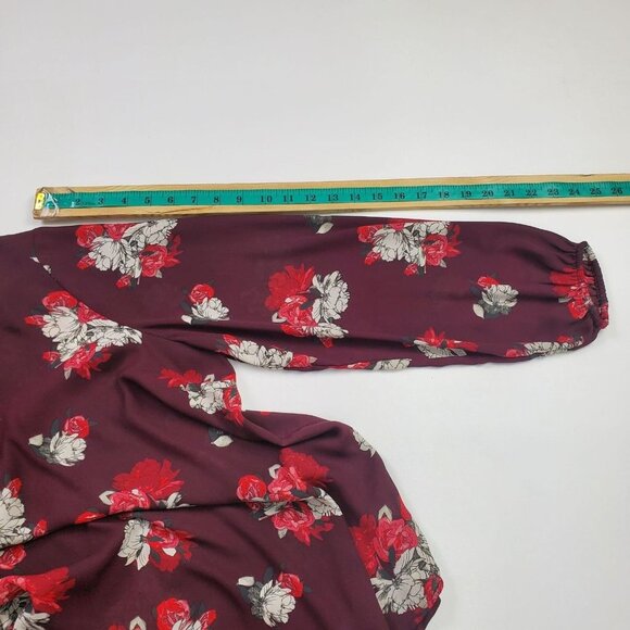 Maurices Womens Floral Semi-Sheer Tunic Top Sz 0 V-Neck Maroon Red Long Sleeve - Picture 9 of 11